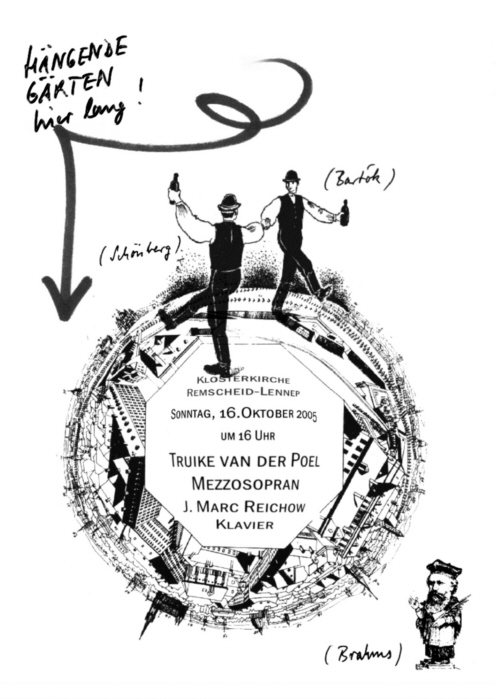 Hängende Gärten hier lang! - Einladungspostkarte zum Konzert am 16/10 in Remscheid-Lennep - © JMR 2005 - (106K)